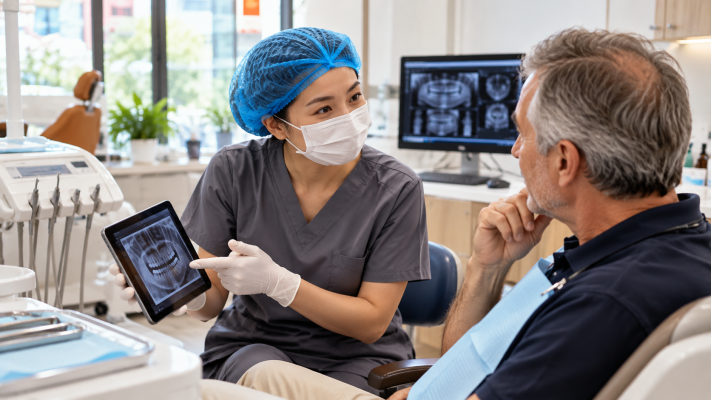 Female dentist discussing dental X-rays with an international patient in Hanoi
