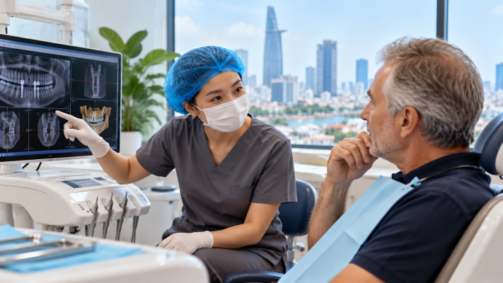 Female dentist reviewing dental implant imaging with an international patient in Ho Chi Minh City