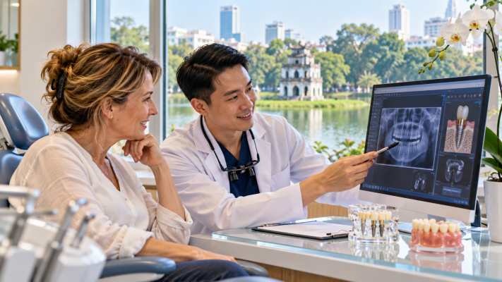 Dentist discussing dental treatment options with an international patient in Vietnam