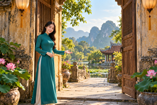 Vietnamese woman in a teal áo dài welcoming visitors through a traditional gateway overlooking a garden and limestone mountains