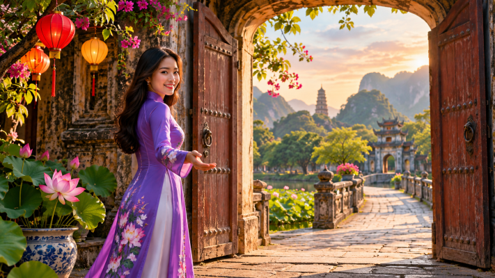 Vietnamese woman in a purple áo dài welcoming international patients on their healthcare journey in Vietnam