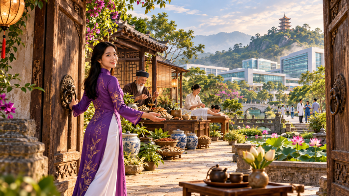 Woman in a purple áo dài welcoming patients to traditional and modern healthcare in Vietnam